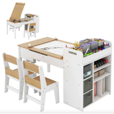 Дитячий набір Costway Fantastik 3 в 1: стіл, 2 стільці, мольберт натуральний