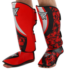 Защита голени и стопы Муай Тай, ММА, Кикбоксинг кожаная FISTRAGE FURIOUS VL-4469 (р-р S-XL, красный-черный)