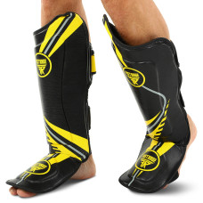 Защита голени и стопы Муай Тай, ММА, Кикбоксинг кожаная FISTRAGE VL-9356 (р-р S-XL, черный-желтый)