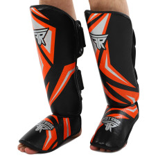 Защита голени и стопы Муай Тай, ММА, Кикбоксинг кожаная FISTRAGE COMBAT VL-4413 (р-р S-XL, черный-оранжевый)