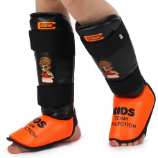 Защита голени и стопы детская Муай Тай, ММА, Кикбоксинг PU  CORE BO-8544 (р-р XXS-M, черный-оранжевый)