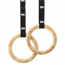 Кольца гимнастические с усиленными стропами для кроссфита EZOUS WOODEN GYM RINGS E-02 (ленты-PL, р-р 5,8мх3,8см,кольца-деревяные,d-32мм,вес 700 гр.)