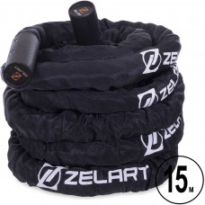 Канат для кросфіту в захисному рукаві Combat Battle Rope Zelart FI-2631-15 15м чорній