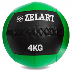 Мяч набивной медицинский для кроссфита WALL BALL Zelart FI-5168-4 4кг (PU, наполнитель-метал. гранулы, d-33см, черный-зеленый)