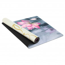 Килимок для йоги Замшевий каучуковий двошаровий Record FI-5662-22 розмір 183x61x0,3см з принтом Індійський Лотос сірий-малиновий