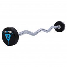 Штанга нерозбірна з фіксованою вагою вигнута поліуретанова LiveUp LP8011-15 довжина-89,2см 15кг чорний-синій