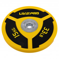 Бамперные диски полиуретановые Bumper Plates внутренний ø50.5мм LiveUp LP8027-15 15кг (сталь, PU, желтый-черный)