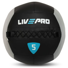Мяч набивной медицинский для кроссфита WALL BALL LiveUp LP8100-5 5кг (PVC, наполнитель-металлические шарики, d-35см, черный-серый)