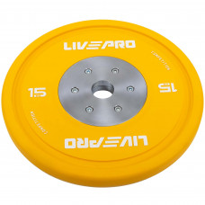 Бамперные диски резиновые Bumper Plates внутренний ø50.5мм LiveUp LP8335-15 15кг (сталь, резина, желтый)