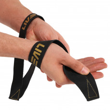 Лямки для тяги восьмерки Figure 8 для штанги и тяжелых тренировок POWER STRAP 2штуки LiveUp LP8772 (кожа, р-р 26х3см, черный-золотой)