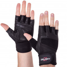 Перчатки для фитнеса и тяжелой атлетики кожаные ZELART SB-161094 (спандекс, хлопок, открытые пальцы, р-р S-XXL, черный)
