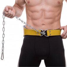 Пояс атлетичний для обтяження шкіряний з ланцюгом та карабіном Zelart SB-165126 спинка-18см жовтий