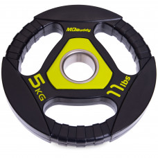 Млинці диски поліуретанові з потрійним хватом та металевою втулкою Zelart TA-2677-5 51мм 5кг чорний-салатовий