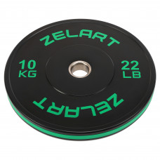 Бамперные диски резиновые Bumper Plates внутренний ø51мм Zelart TA-4790-10 10кг (сталь, резина, SBR, внешний ø-45см, черный-зеленый)