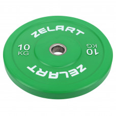 Бамперные диски резиновые Bumper Plates внутренний ø50.6±0.2мм Zelart TA-7797-10 10кг (сталь, резина, внешний ø-45см, зеленый)