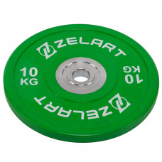Бамперные диски резиновые Bumper Plates внутренний ø50.6±0.2мм Zelart TA-7798-10 10кг (сталь, резина, внешний ø-45см, зеленый)